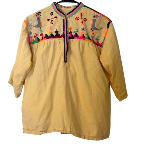 Vintage 1960's Bird Flower Hand Embroidered Top in Butter L - Picture 1 of 11